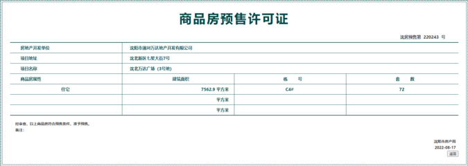拿证速递 | 万达·盛京ONE 72套房源获预售许可
